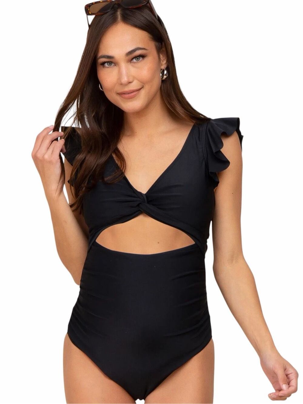 Women’s Black Cutout Flutter Sleeve One Piece Swimsuit Size Large